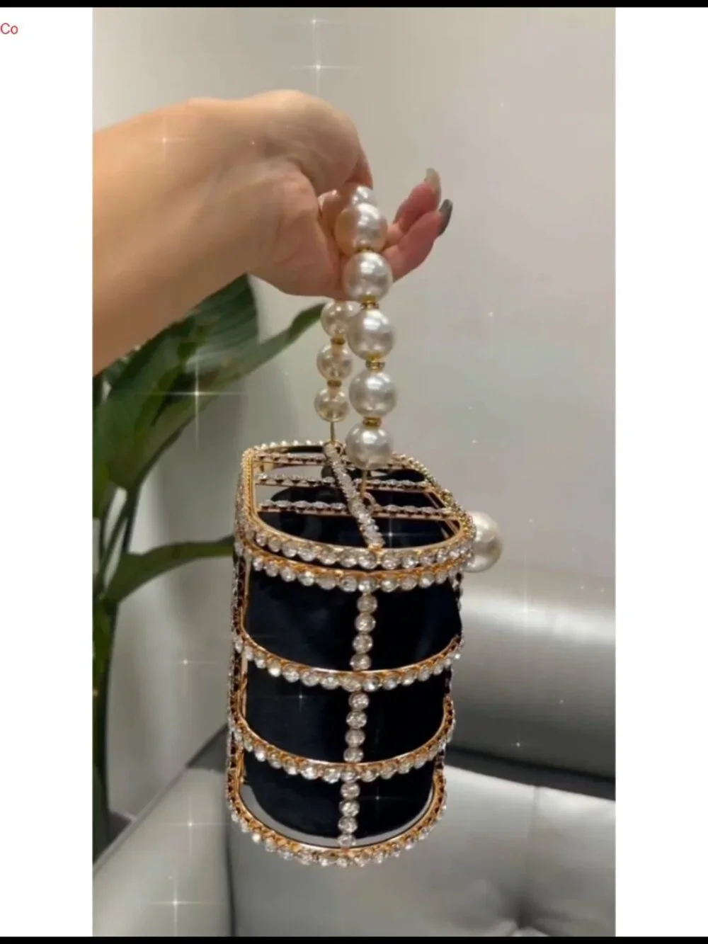Sparkly Rhinestone Pearl Handle Evening Clutch with Chain Wedding Bag